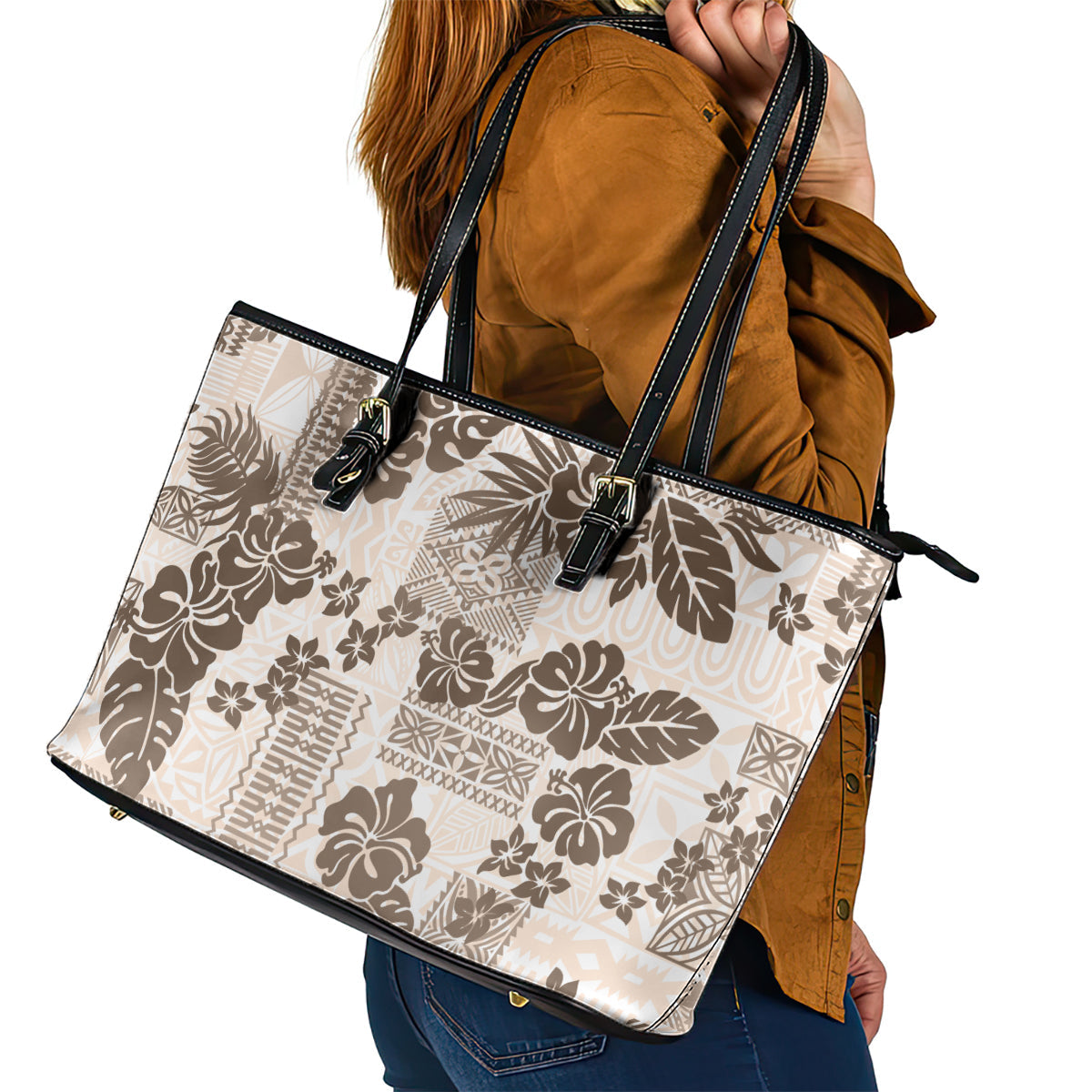 Vintage Hawaii Leather Tote Bag Hibiscus Tapa Tribal With Hawaiian Quilt Pattern Gold LT9