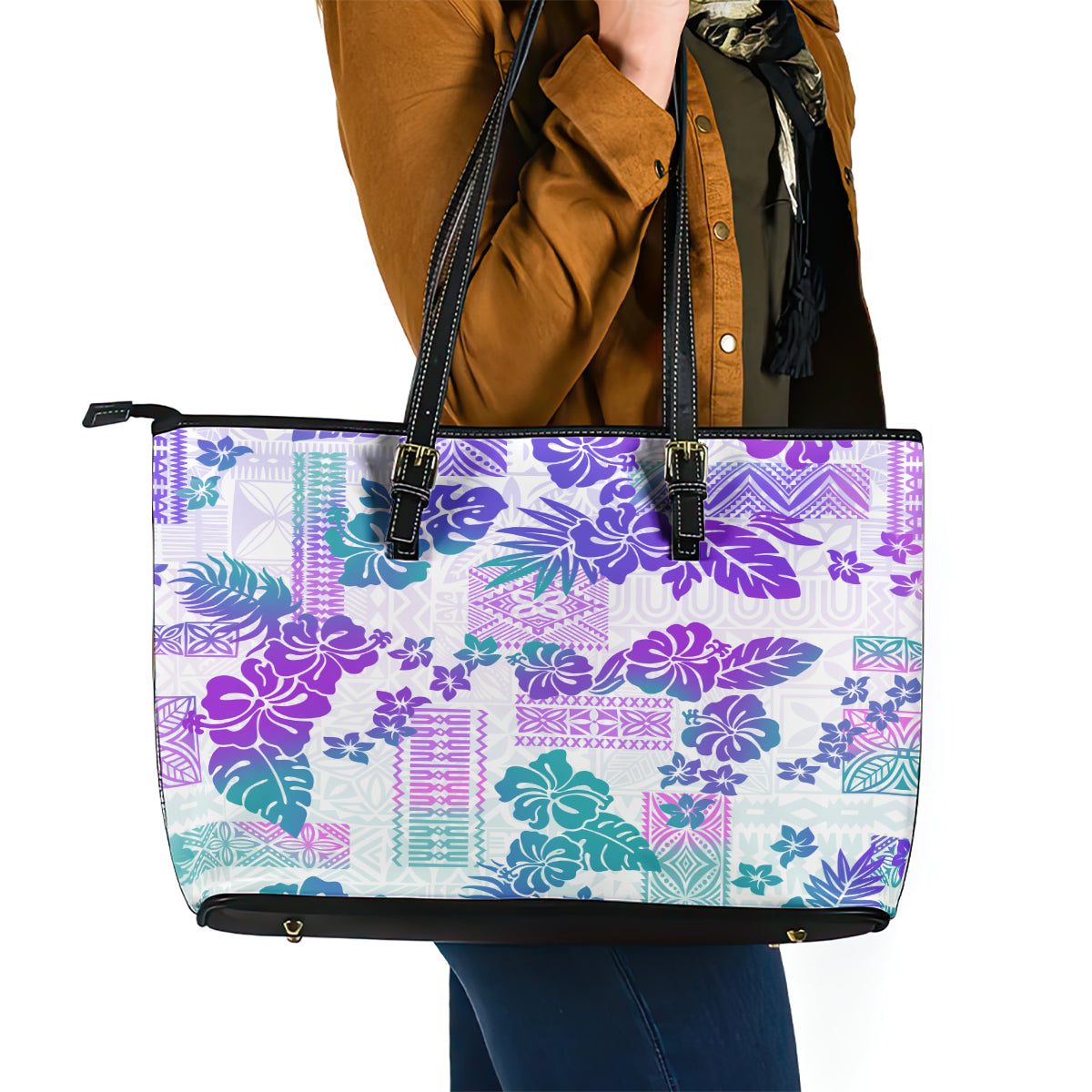 Vintage Hawaii Leather Tote Bag Hibiscus Tapa Tribal With Hawaiian Quilt Pattern Purple LT9