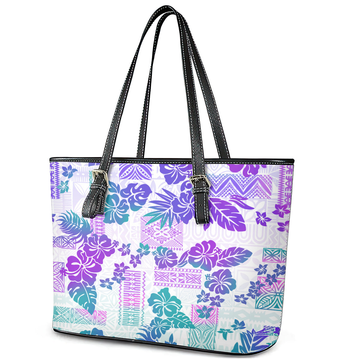 Vintage Hawaii Leather Tote Bag Hibiscus Tapa Tribal With Hawaiian Quilt Pattern Purple LT9
