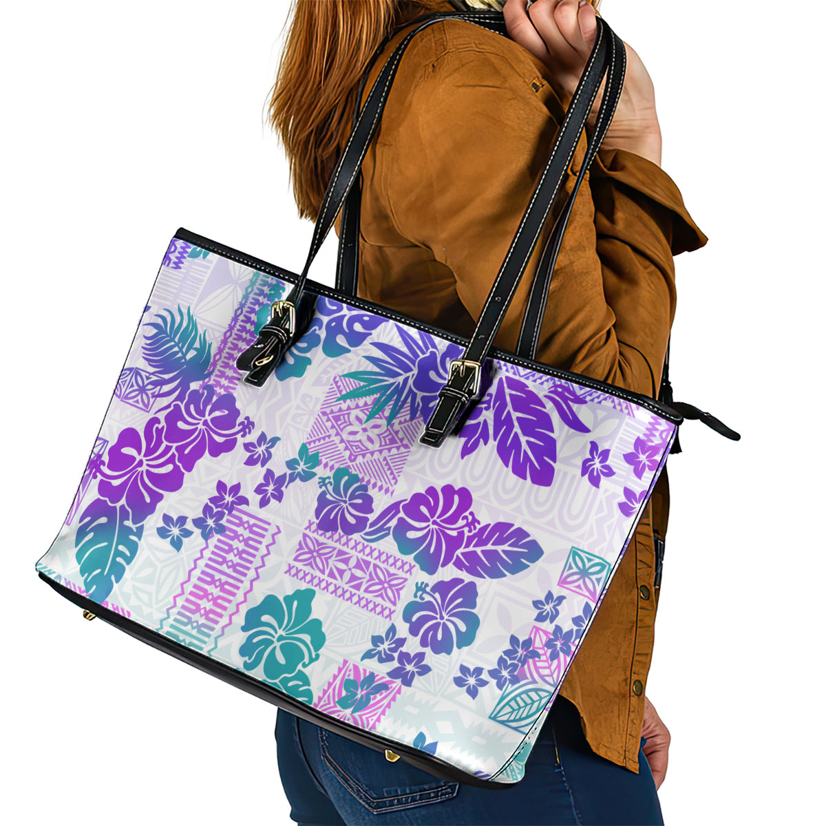 Vintage Hawaii Leather Tote Bag Hibiscus Tapa Tribal With Hawaiian Quilt Pattern Purple LT9