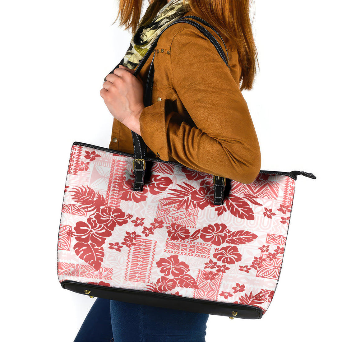 Vintage Hawaii Leather Tote Bag Hibiscus Tapa Tribal With Hawaiian Quilt Pattern Red LT9