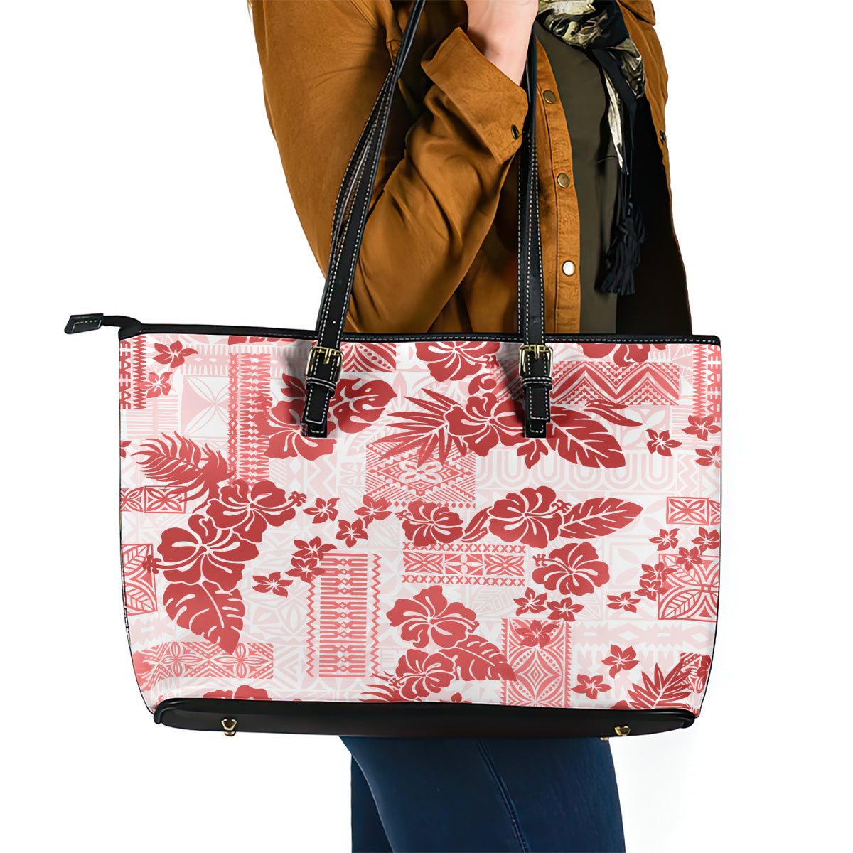 Vintage Hawaii Leather Tote Bag Hibiscus Tapa Tribal With Hawaiian Quilt Pattern Red LT9
