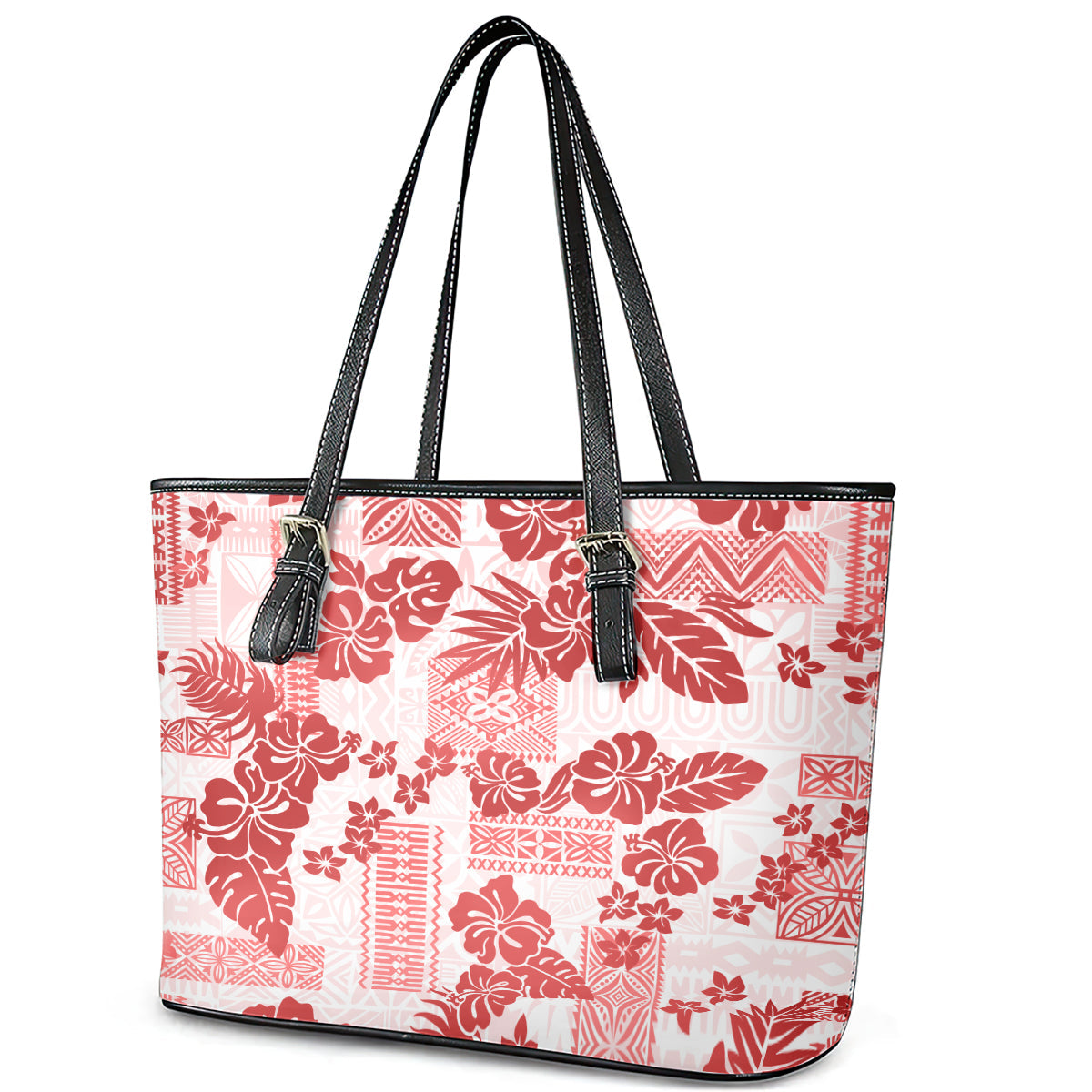 Vintage Hawaii Leather Tote Bag Hibiscus Tapa Tribal With Hawaiian Quilt Pattern Red LT9