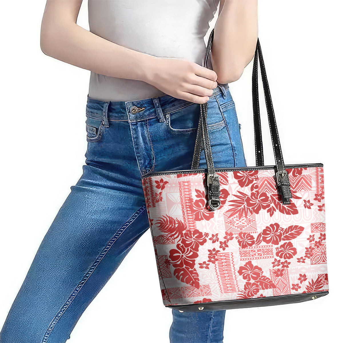Vintage Hawaii Leather Tote Bag Hibiscus Tapa Tribal With Hawaiian Quilt Pattern Red LT9