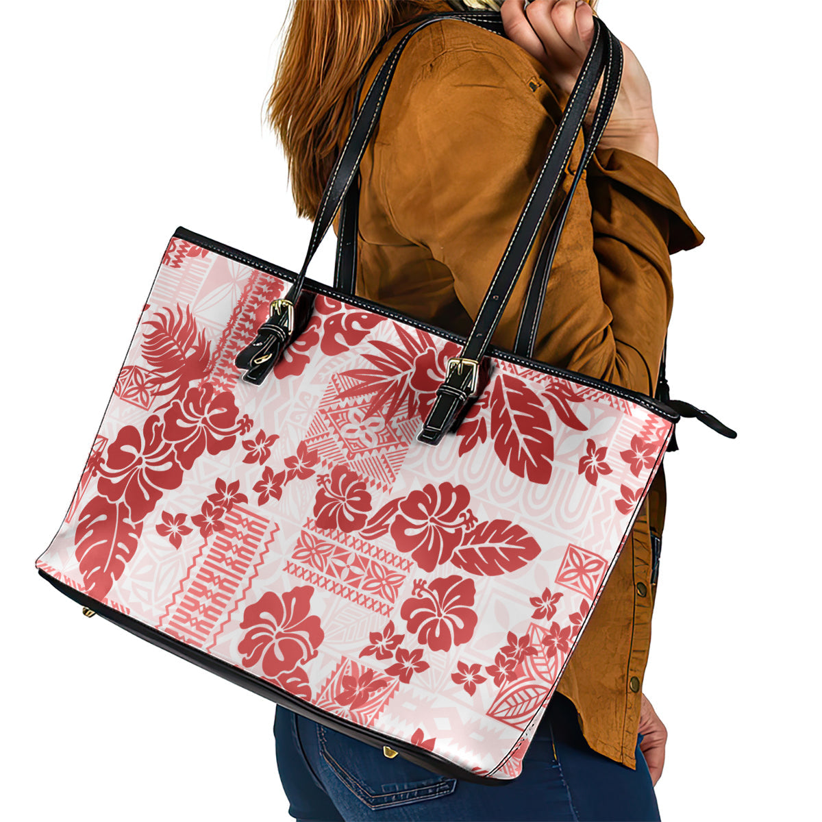 Vintage Hawaii Leather Tote Bag Hibiscus Tapa Tribal With Hawaiian Quilt Pattern Red LT9