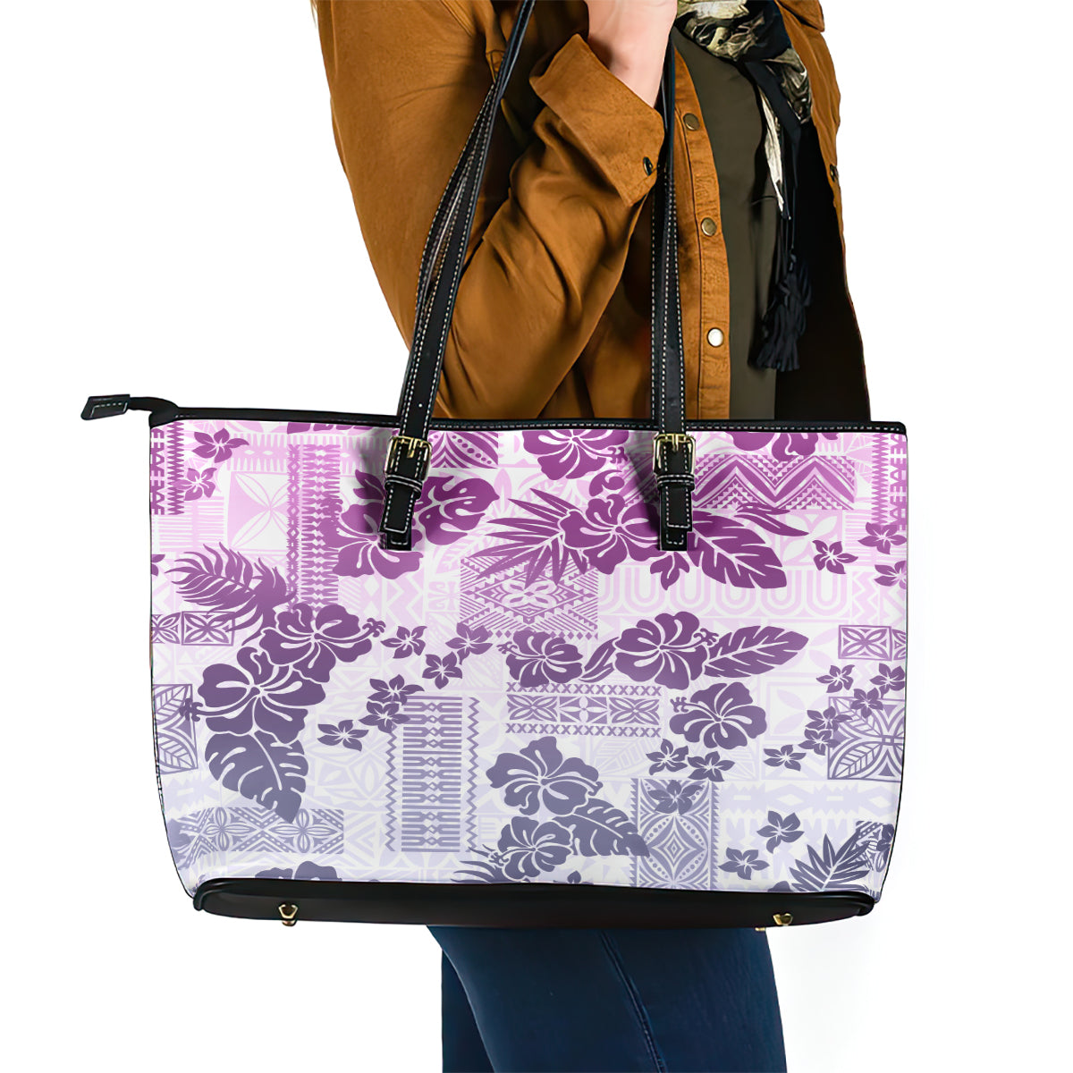 Vintage Hawaii Leather Tote Bag Hibiscus Tapa Tribal With Hawaiian Quilt Pattern Violet LT9