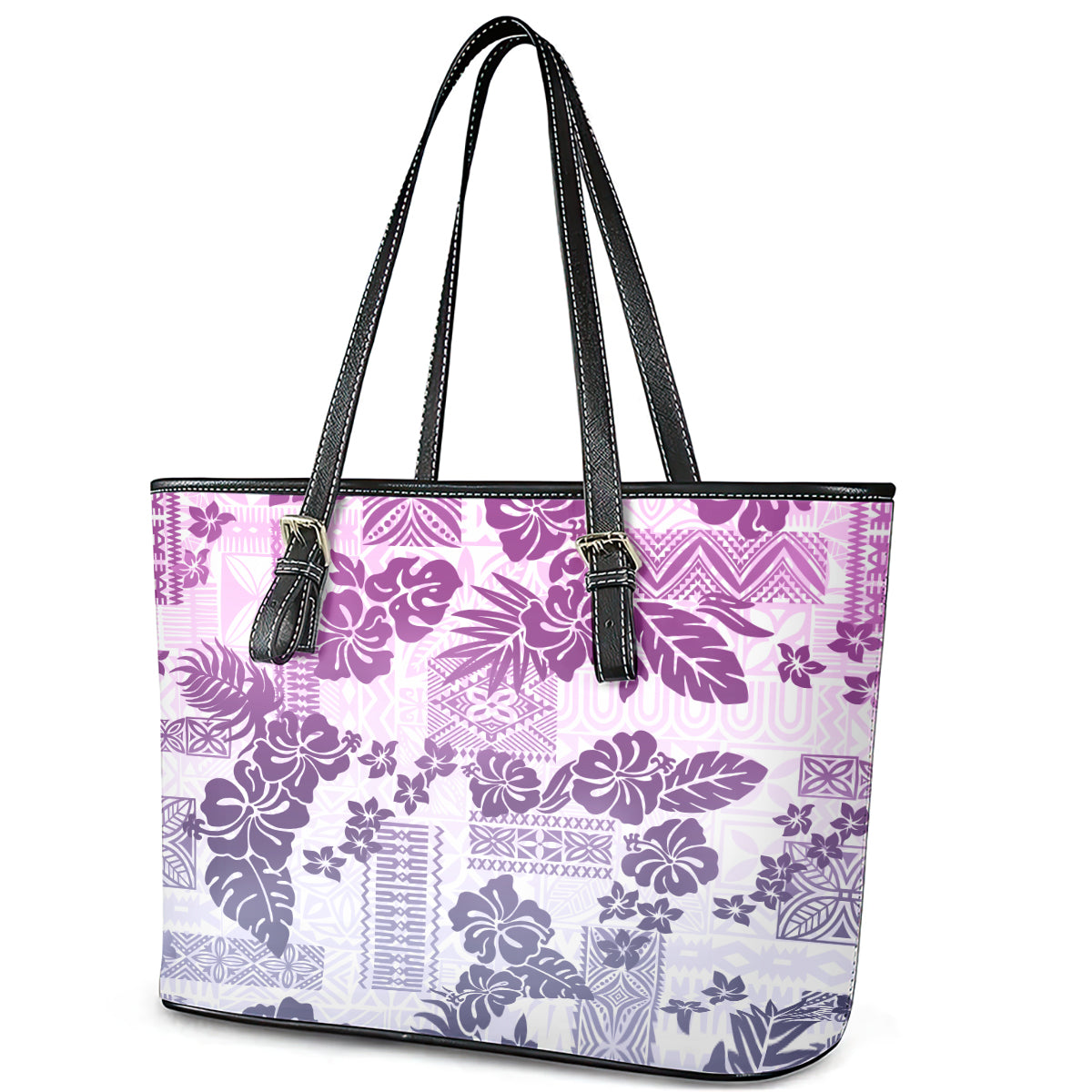 Vintage Hawaii Leather Tote Bag Hibiscus Tapa Tribal With Hawaiian Quilt Pattern Violet LT9