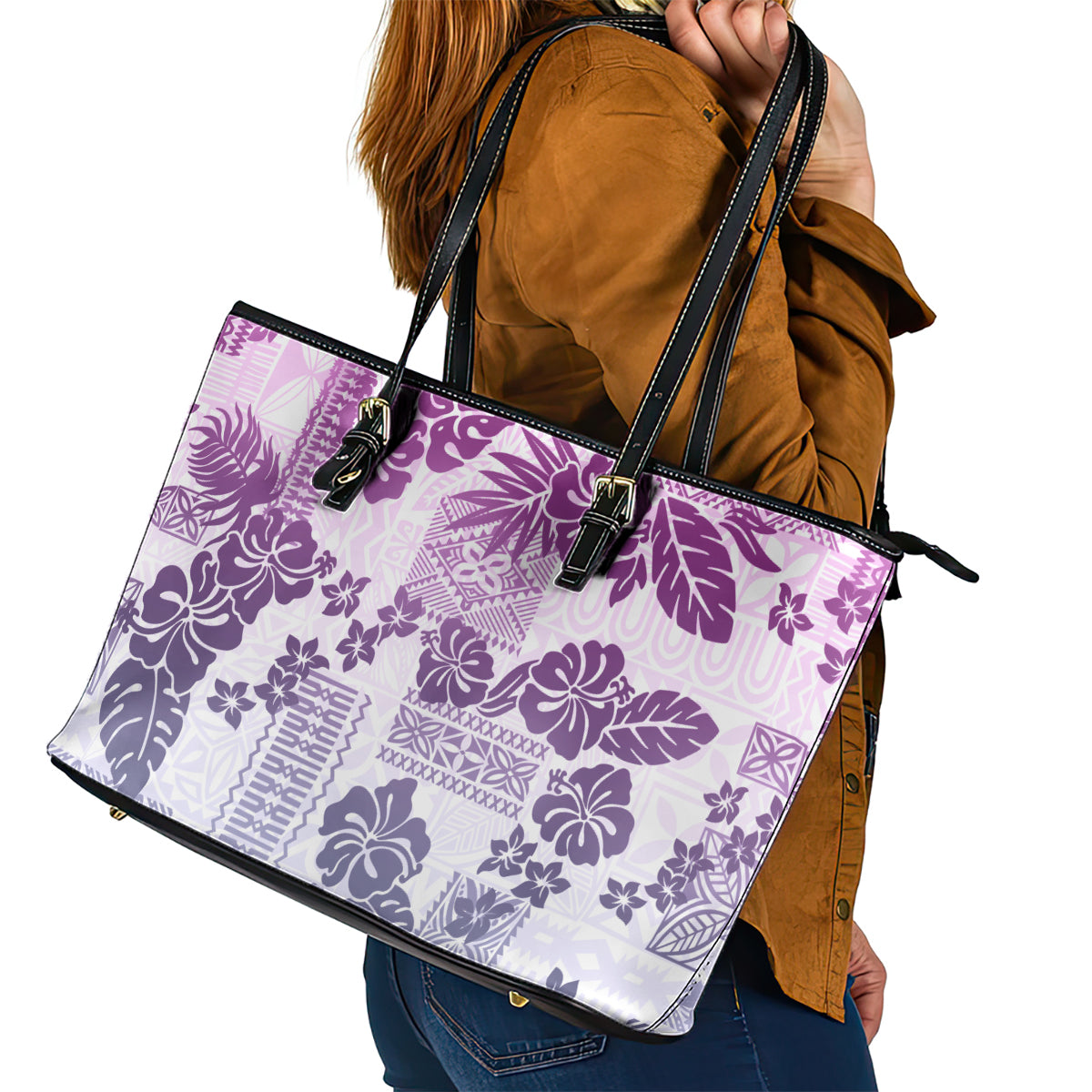 Vintage Hawaii Leather Tote Bag Hibiscus Tapa Tribal With Hawaiian Quilt Pattern Violet LT9