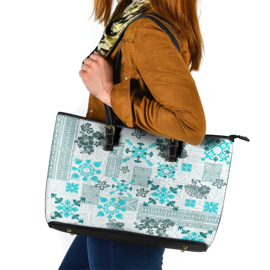 Hawaii Tapa Tribal Leather Tote Bag With Hawaiian Quilt Pattern Aqua LT9