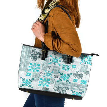 Hawaii Tapa Tribal Leather Tote Bag With Hawaiian Quilt Pattern Aqua LT9