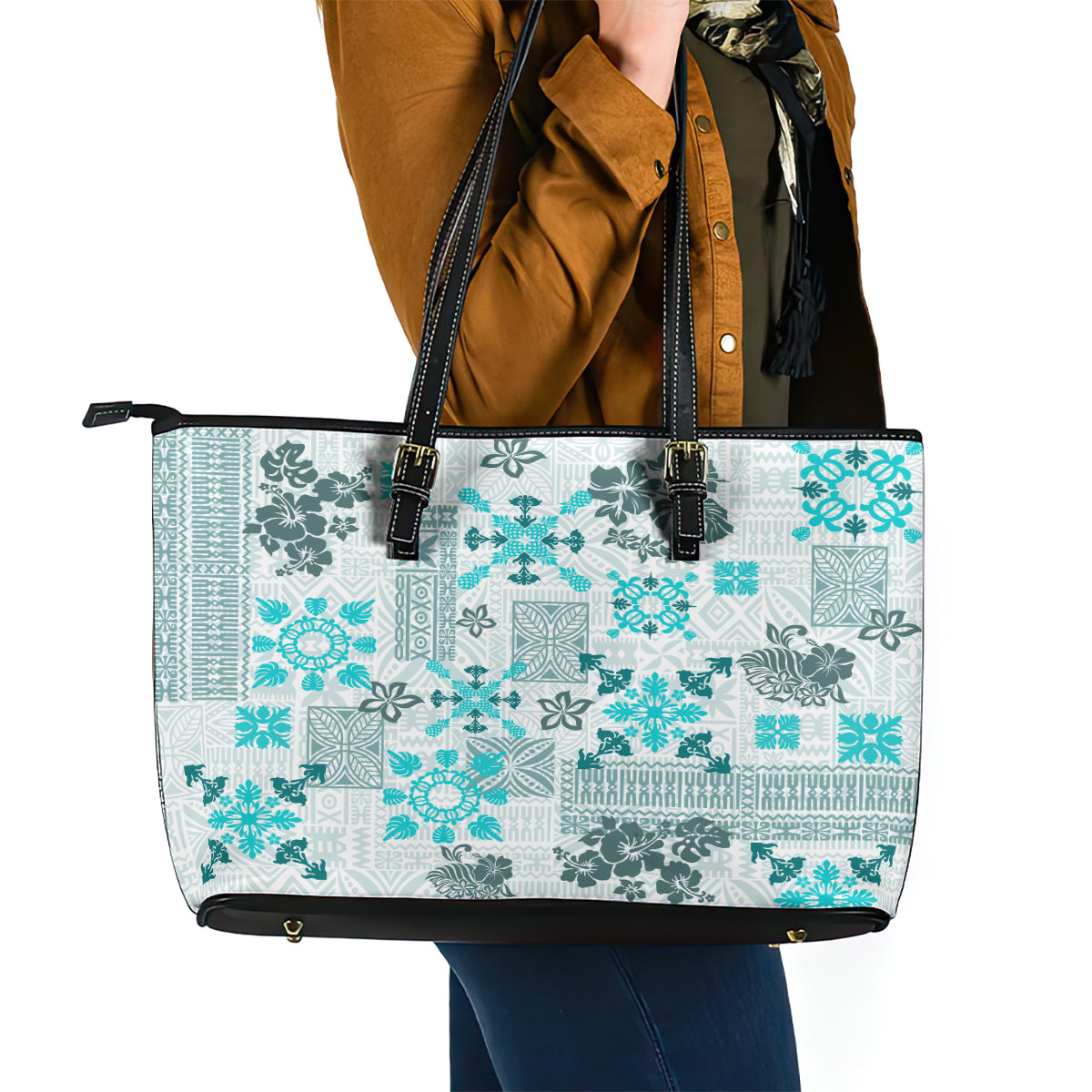 Hawaii Tapa Tribal Leather Tote Bag With Hawaiian Quilt Pattern Aqua LT9