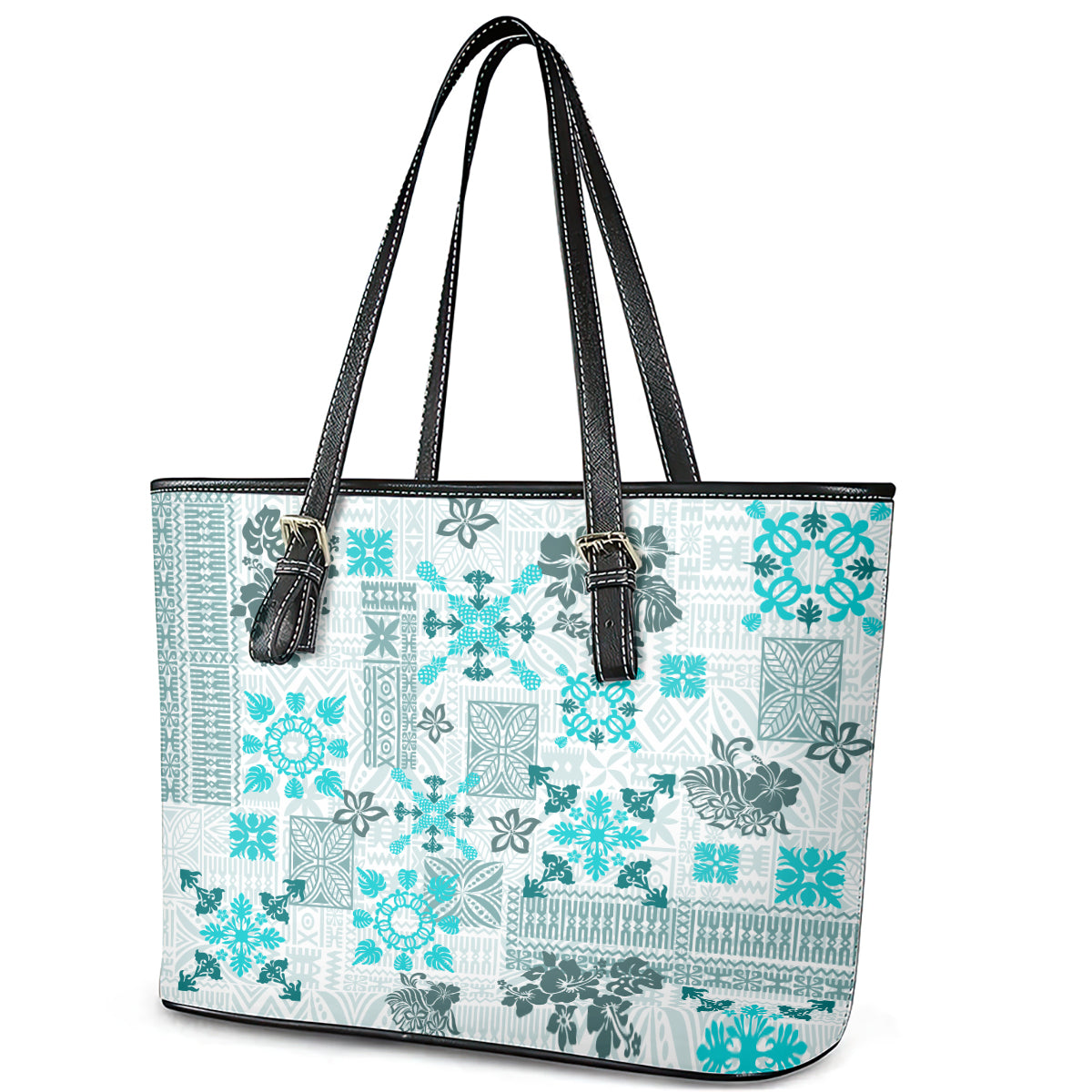 Hawaii Tapa Tribal Leather Tote Bag With Hawaiian Quilt Pattern Aqua LT9