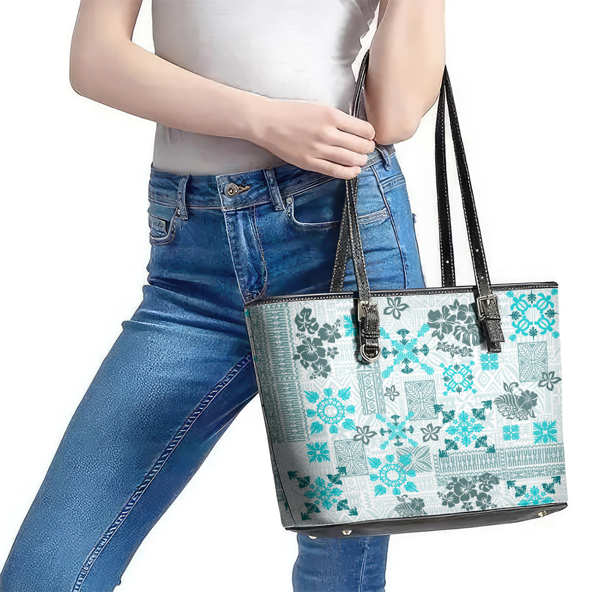Hawaii Tapa Tribal Leather Tote Bag With Hawaiian Quilt Pattern Aqua LT9