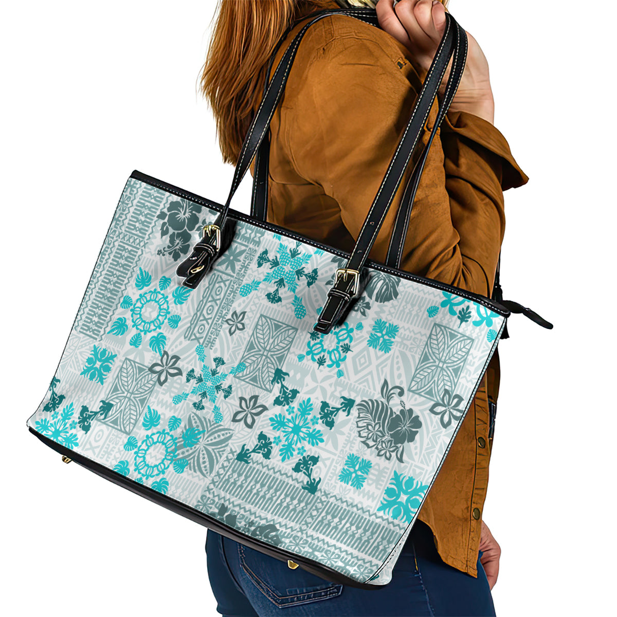 Hawaii Tapa Tribal Leather Tote Bag With Hawaiian Quilt Pattern Aqua LT9
