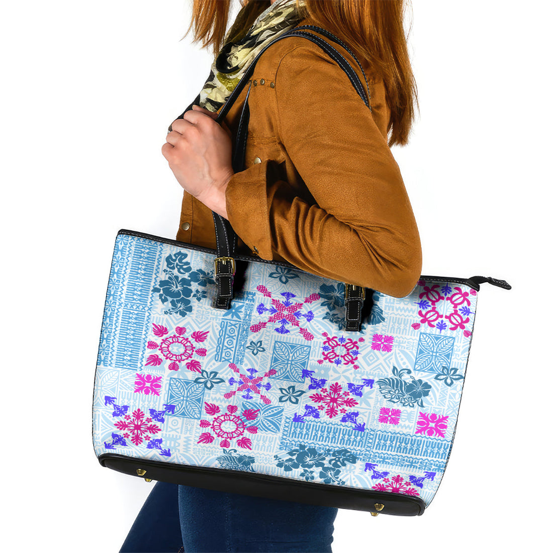 Hawaii Tapa Tribal Leather Tote Bag With Hawaiian Quilt Pattern Blue LT9