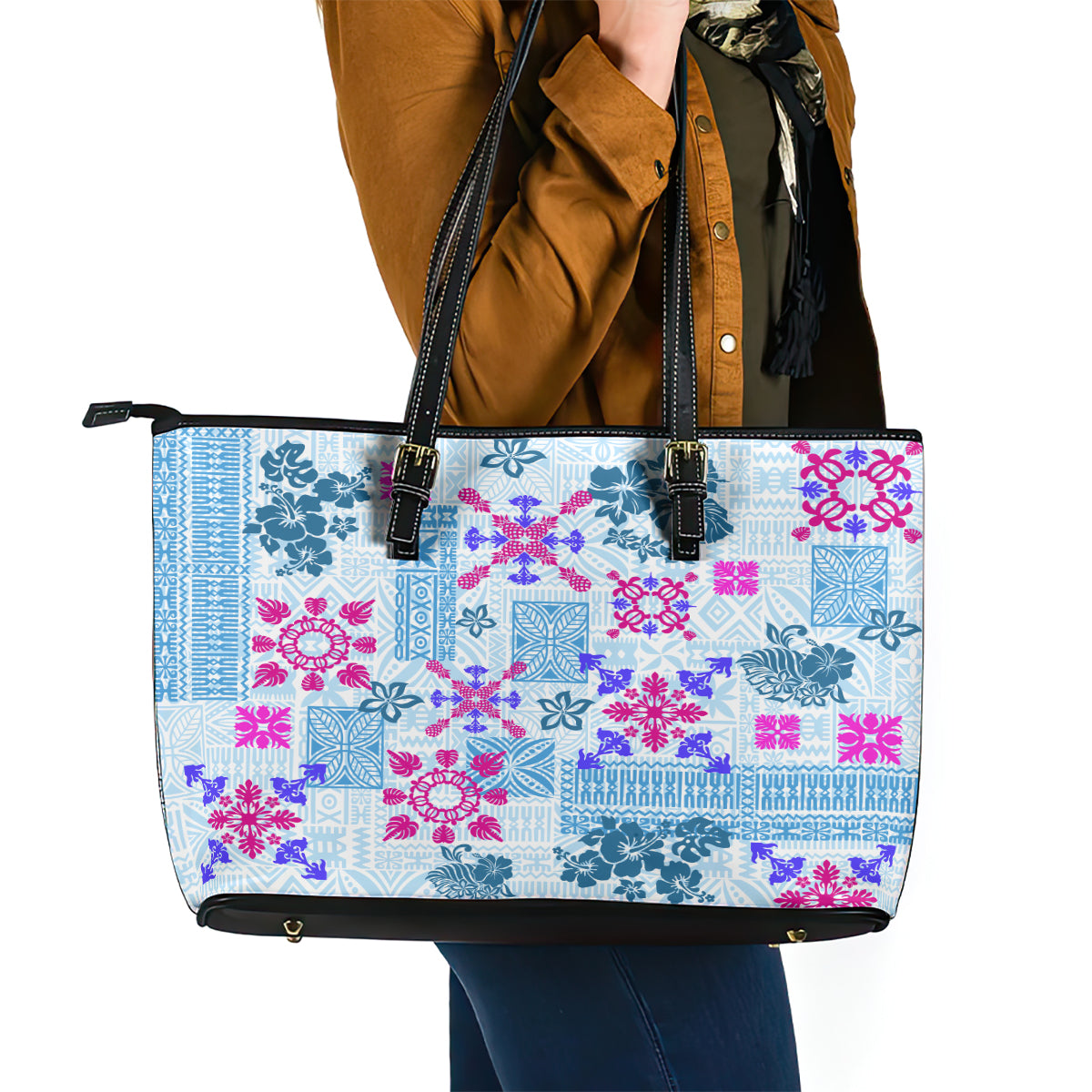 Hawaii Tapa Tribal Leather Tote Bag With Hawaiian Quilt Pattern Blue LT9