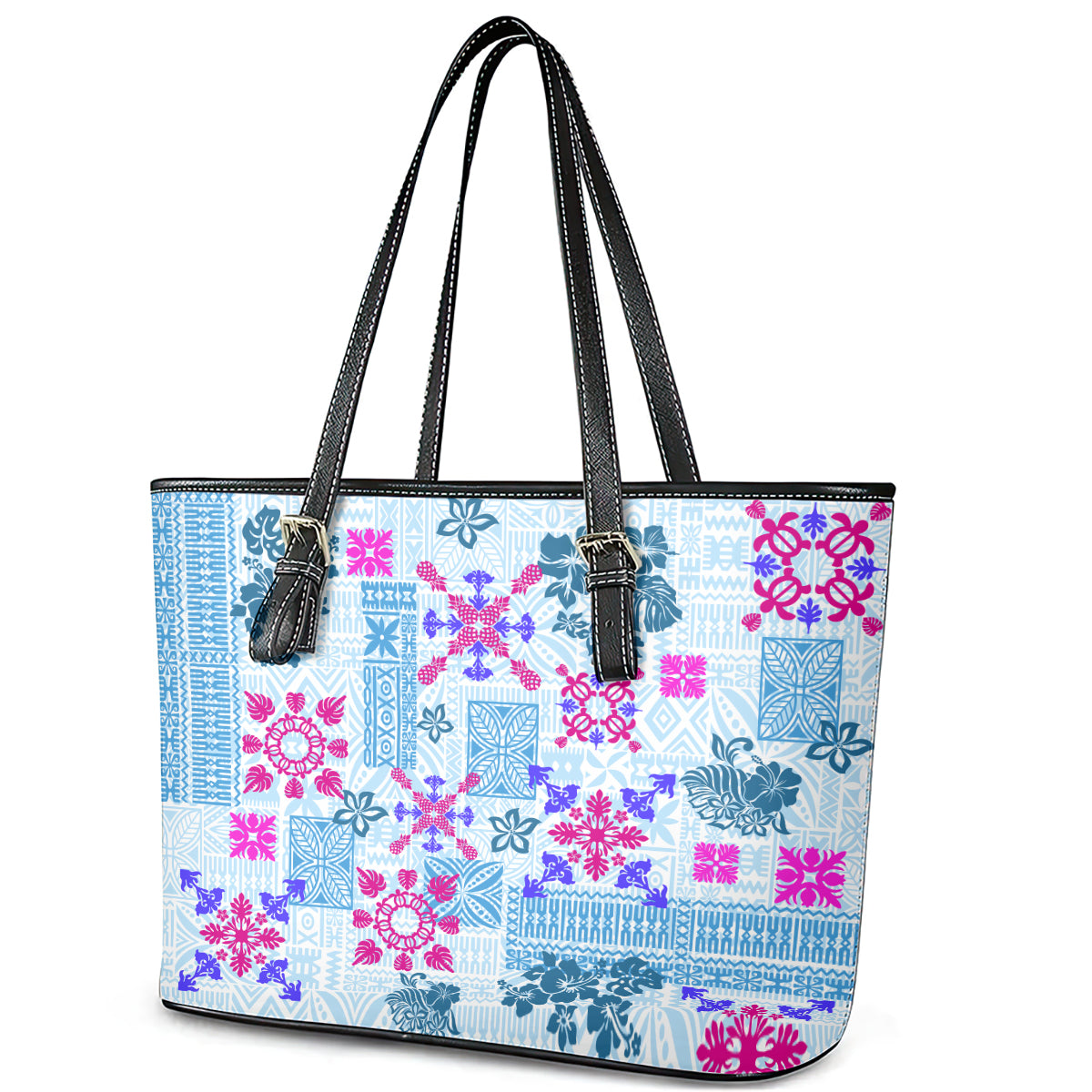 Hawaii Tapa Tribal Leather Tote Bag With Hawaiian Quilt Pattern Blue LT9