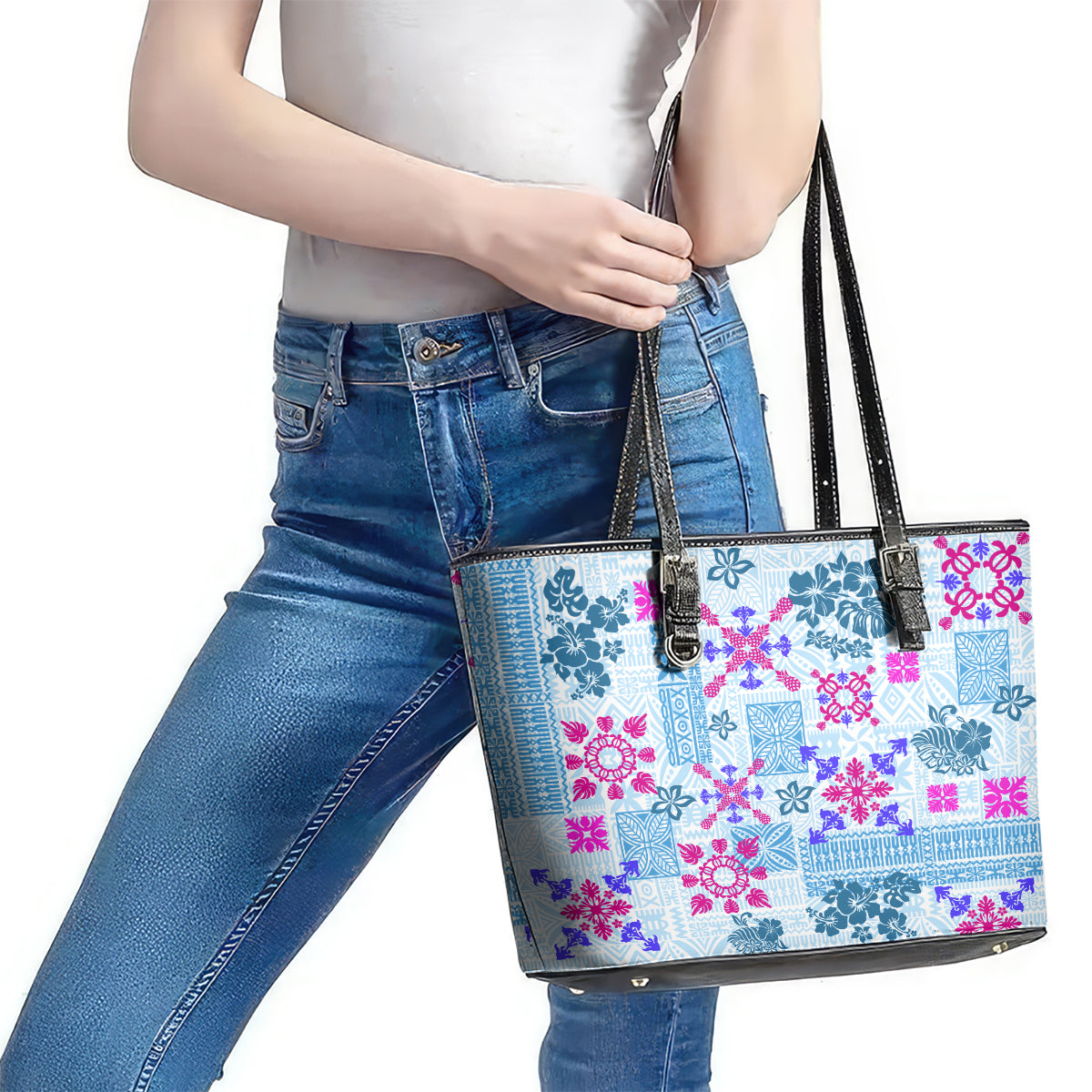 Hawaii Tapa Tribal Leather Tote Bag With Hawaiian Quilt Pattern Blue LT9