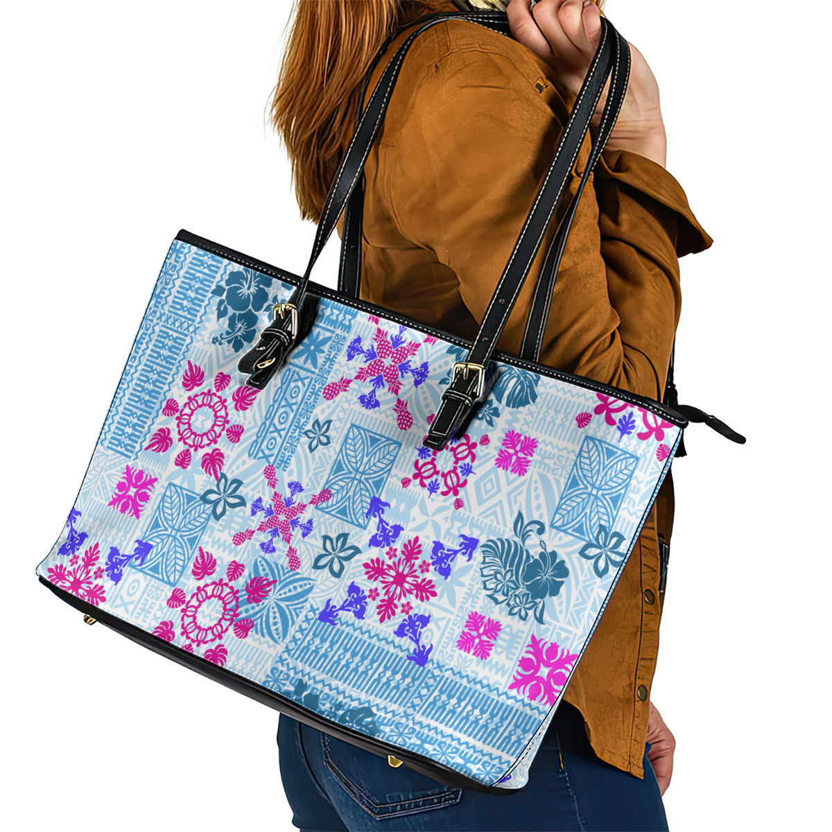 Hawaii Tapa Tribal Leather Tote Bag With Hawaiian Quilt Pattern Blue LT9
