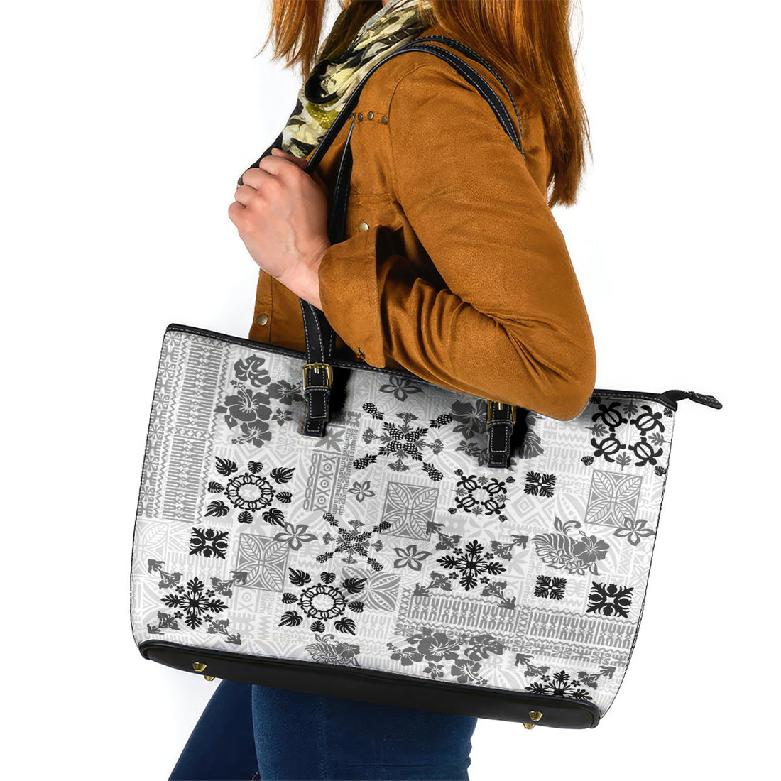 Hawaii Tapa Tribal Leather Tote Bag With Hawaiian Quilt Pattern Black LT9