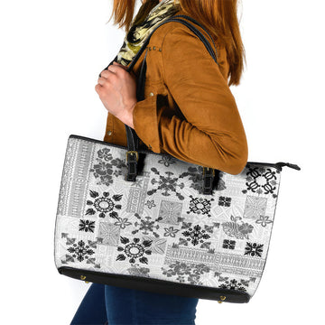 Hawaii Tapa Tribal Leather Tote Bag With Hawaiian Quilt Pattern Black LT9
