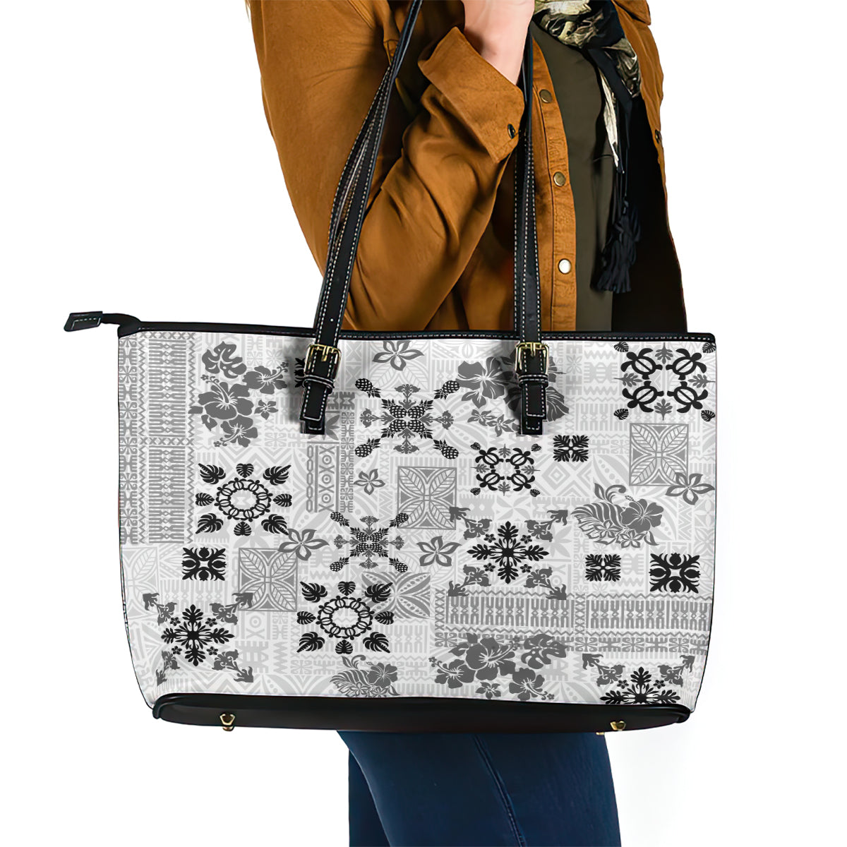 Hawaii Tapa Tribal Leather Tote Bag With Hawaiian Quilt Pattern Black LT9