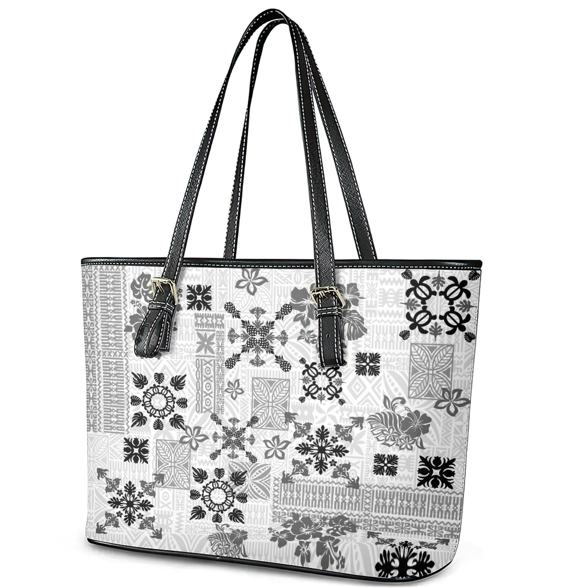 Hawaii Tapa Tribal Leather Tote Bag With Hawaiian Quilt Pattern Black LT9