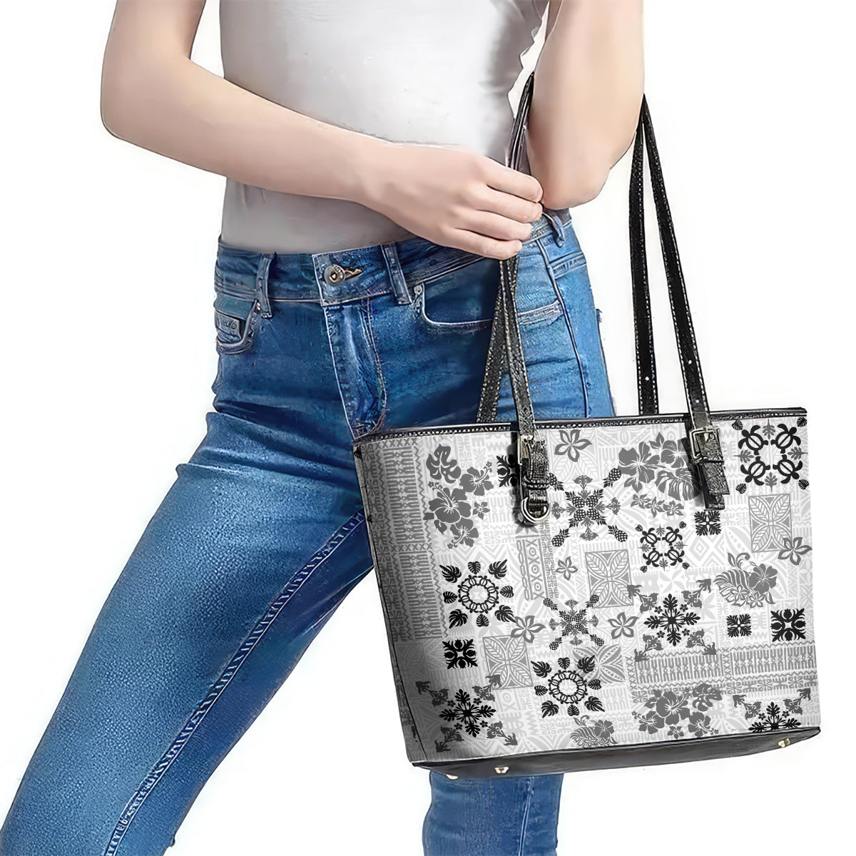 Hawaii Tapa Tribal Leather Tote Bag With Hawaiian Quilt Pattern Black LT9