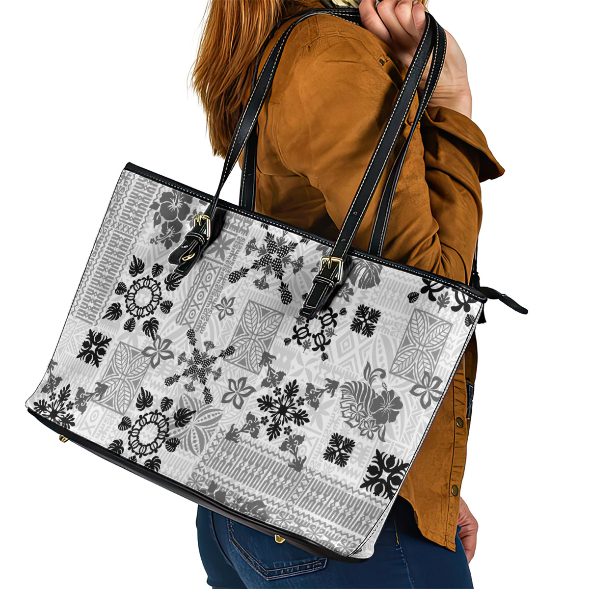 Hawaii Tapa Tribal Leather Tote Bag With Hawaiian Quilt Pattern Black LT9