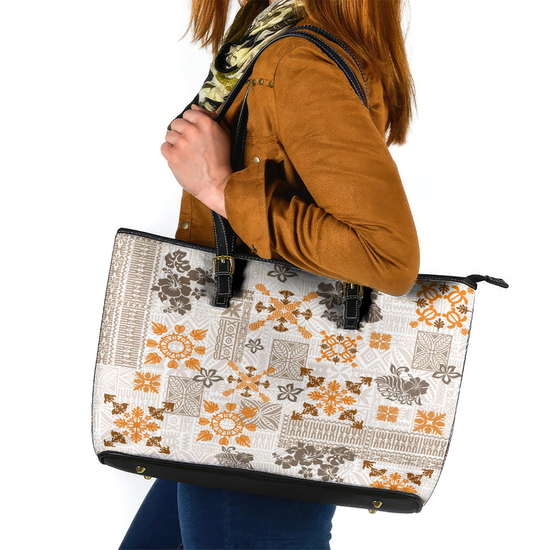 Hawaii Tapa Tribal Leather Tote Bag With Hawaiian Quilt Pattern Gold LT9