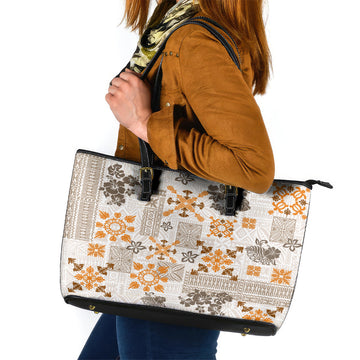 Hawaii Tapa Tribal Leather Tote Bag With Hawaiian Quilt Pattern Gold LT9