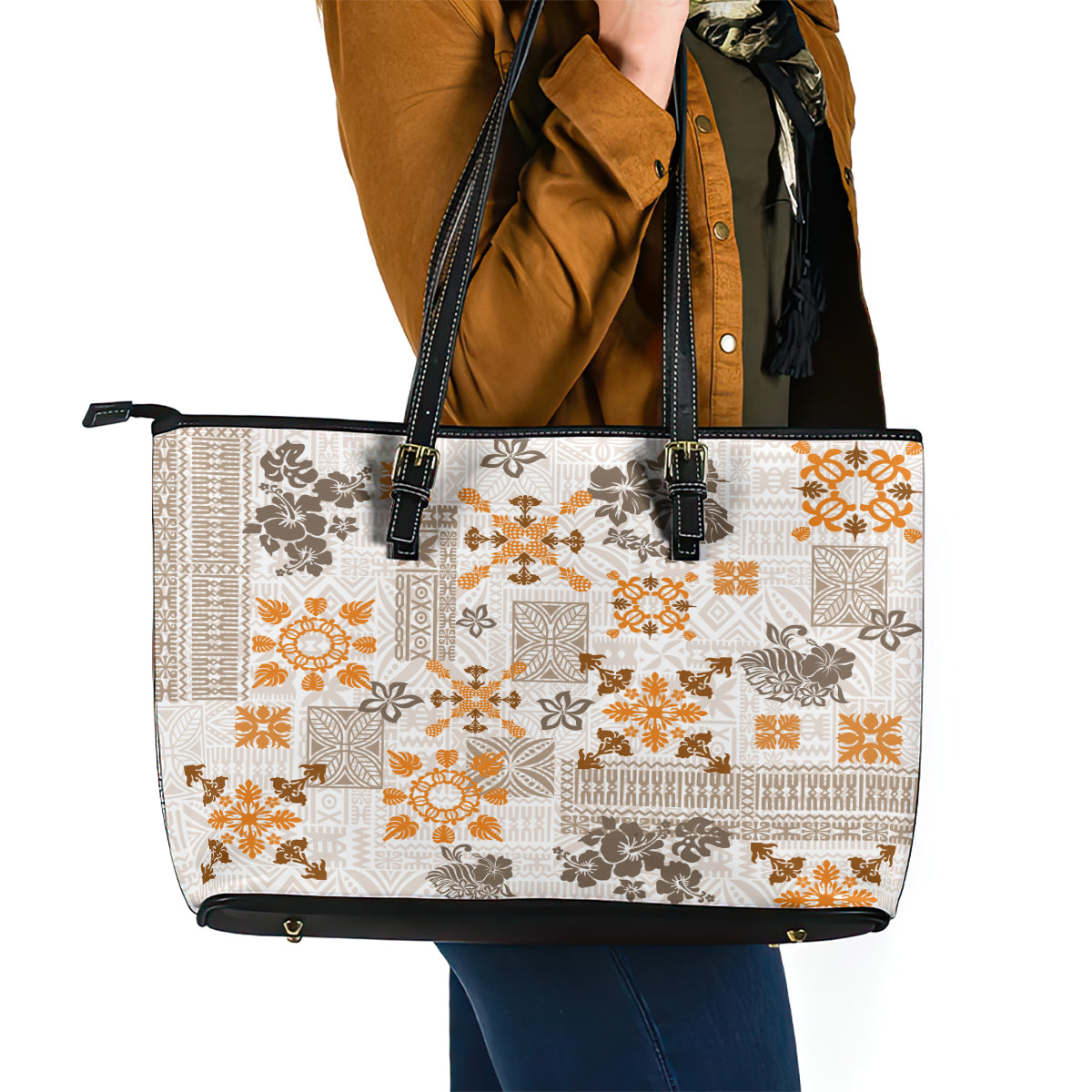 Hawaii Tapa Tribal Leather Tote Bag With Hawaiian Quilt Pattern Gold LT9