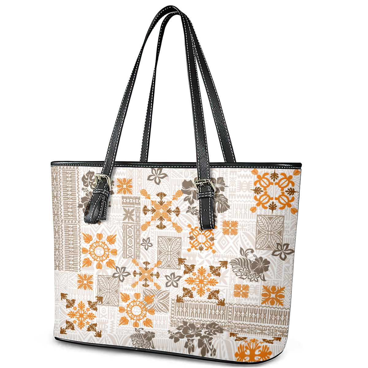 Hawaii Tapa Tribal Leather Tote Bag With Hawaiian Quilt Pattern Gold LT9