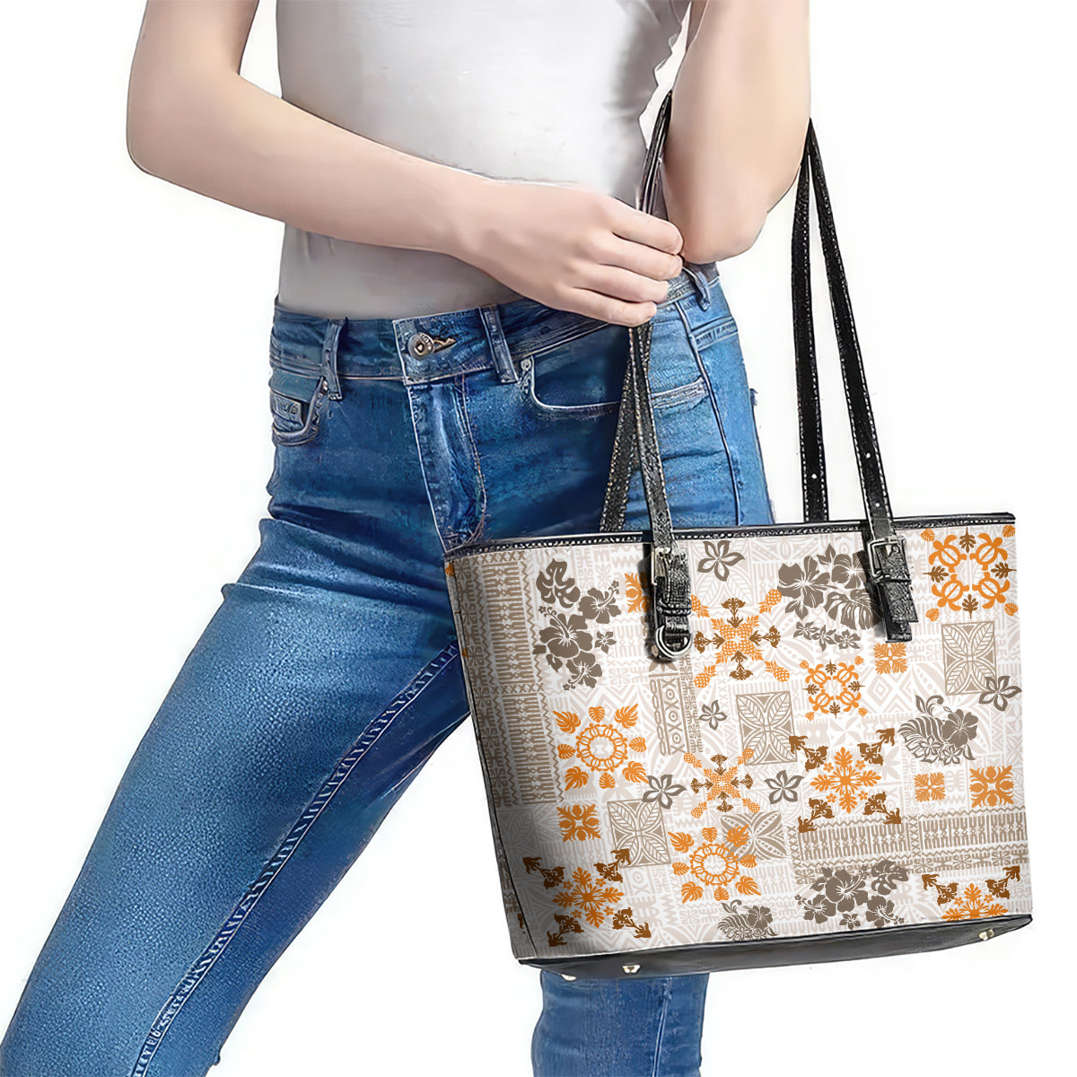 Hawaii Tapa Tribal Leather Tote Bag With Hawaiian Quilt Pattern Gold LT9