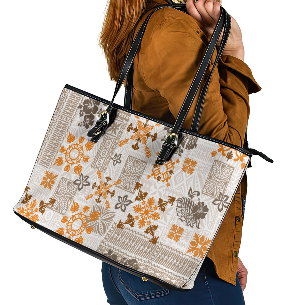 Hawaii Tapa Tribal Leather Tote Bag With Hawaiian Quilt Pattern Gold LT9
