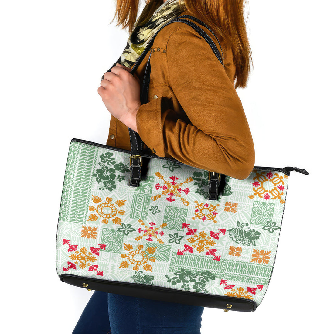 Hawaii Tapa Tribal Leather Tote Bag With Hawaiian Quilt Pattern Green LT9