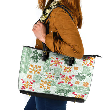 Hawaii Tapa Tribal Leather Tote Bag With Hawaiian Quilt Pattern Green LT9