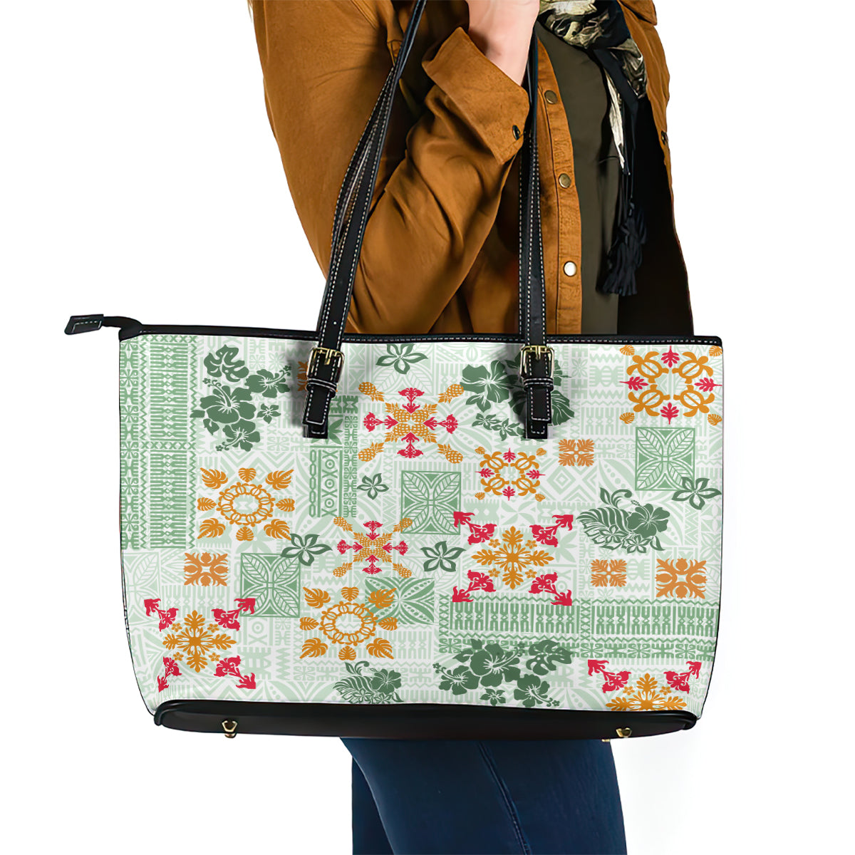 Hawaii Tapa Tribal Leather Tote Bag With Hawaiian Quilt Pattern Green LT9