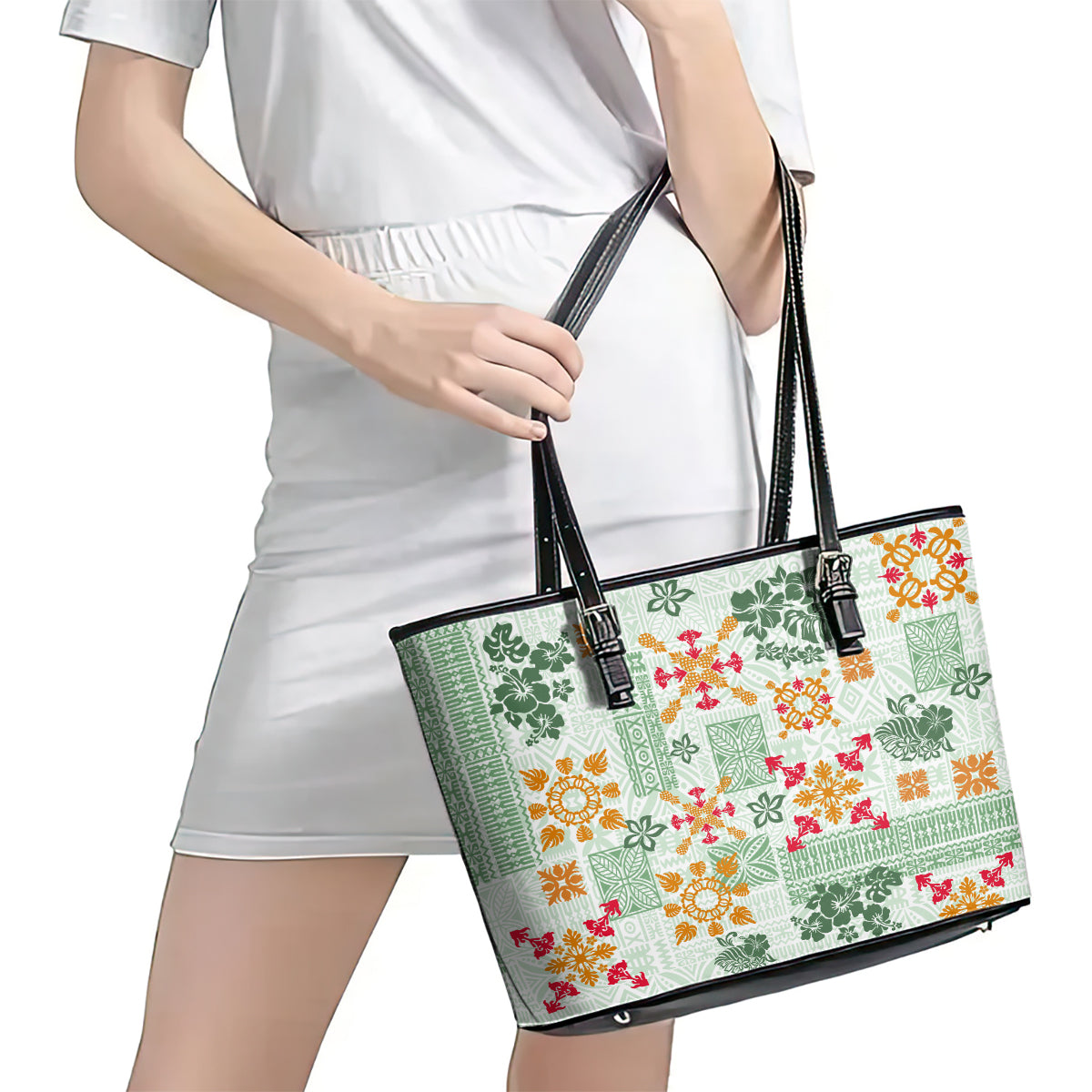 Hawaii Tapa Tribal Leather Tote Bag With Hawaiian Quilt Pattern Green LT9