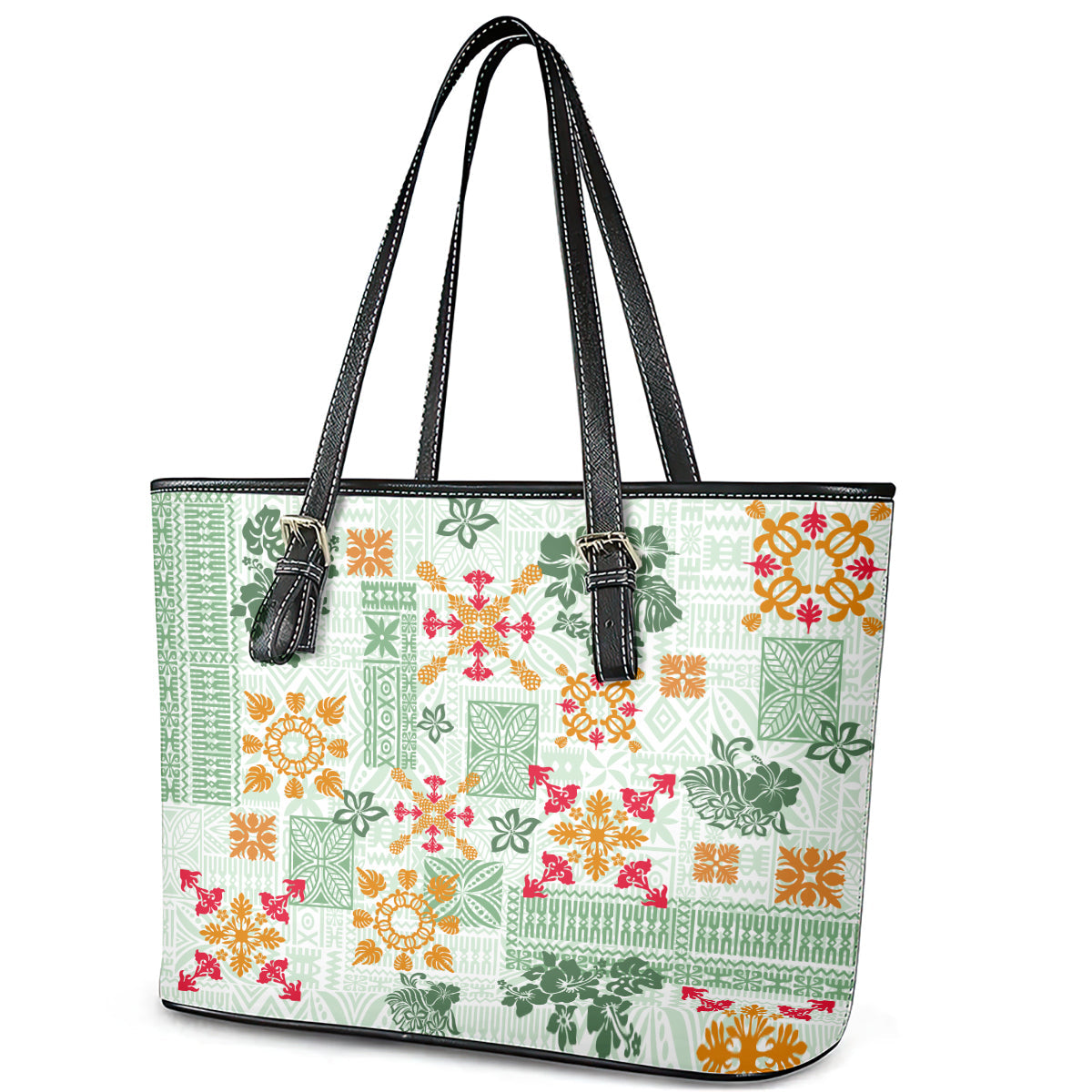 Hawaii Tapa Tribal Leather Tote Bag With Hawaiian Quilt Pattern Green LT9