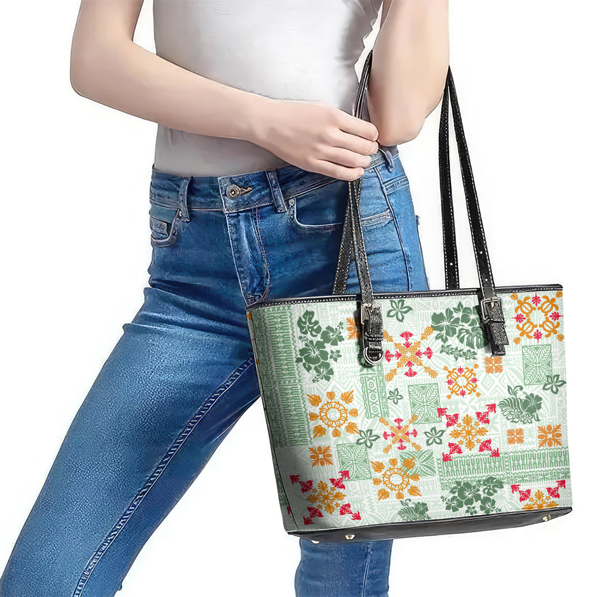 Hawaii Tapa Tribal Leather Tote Bag With Hawaiian Quilt Pattern Green LT9