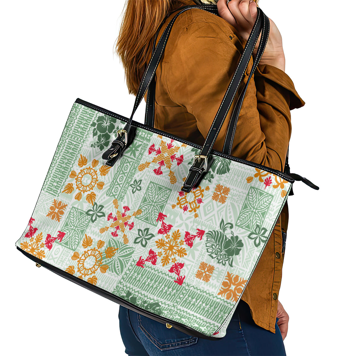 Hawaii Tapa Tribal Leather Tote Bag With Hawaiian Quilt Pattern Green LT9