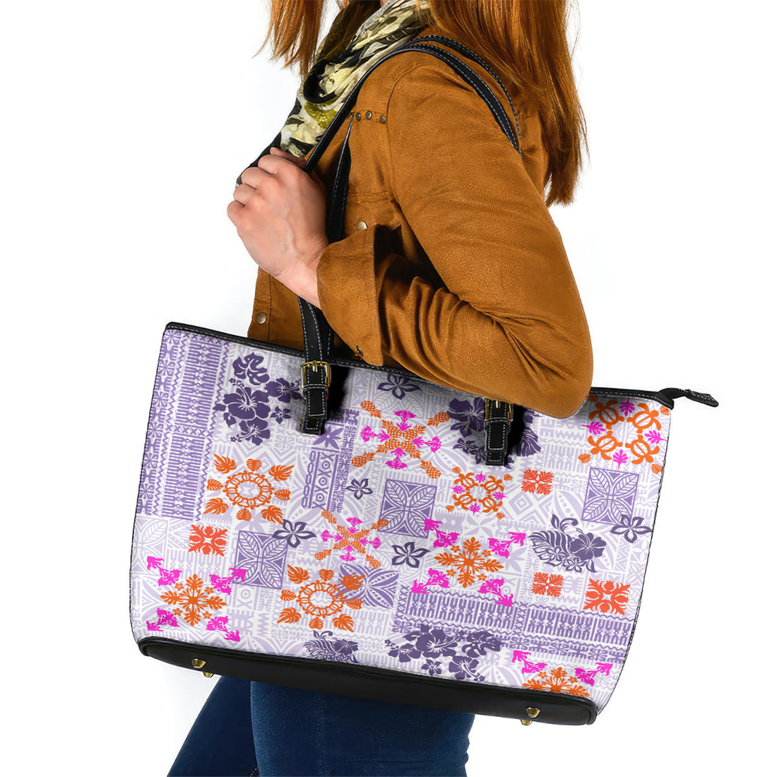 Hawaii Tapa Tribal Leather Tote Bag With Hawaiian Quilt Pattern Violet LT9