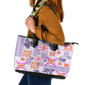 Hawaii Tapa Tribal Leather Tote Bag With Hawaiian Quilt Pattern Violet LT9