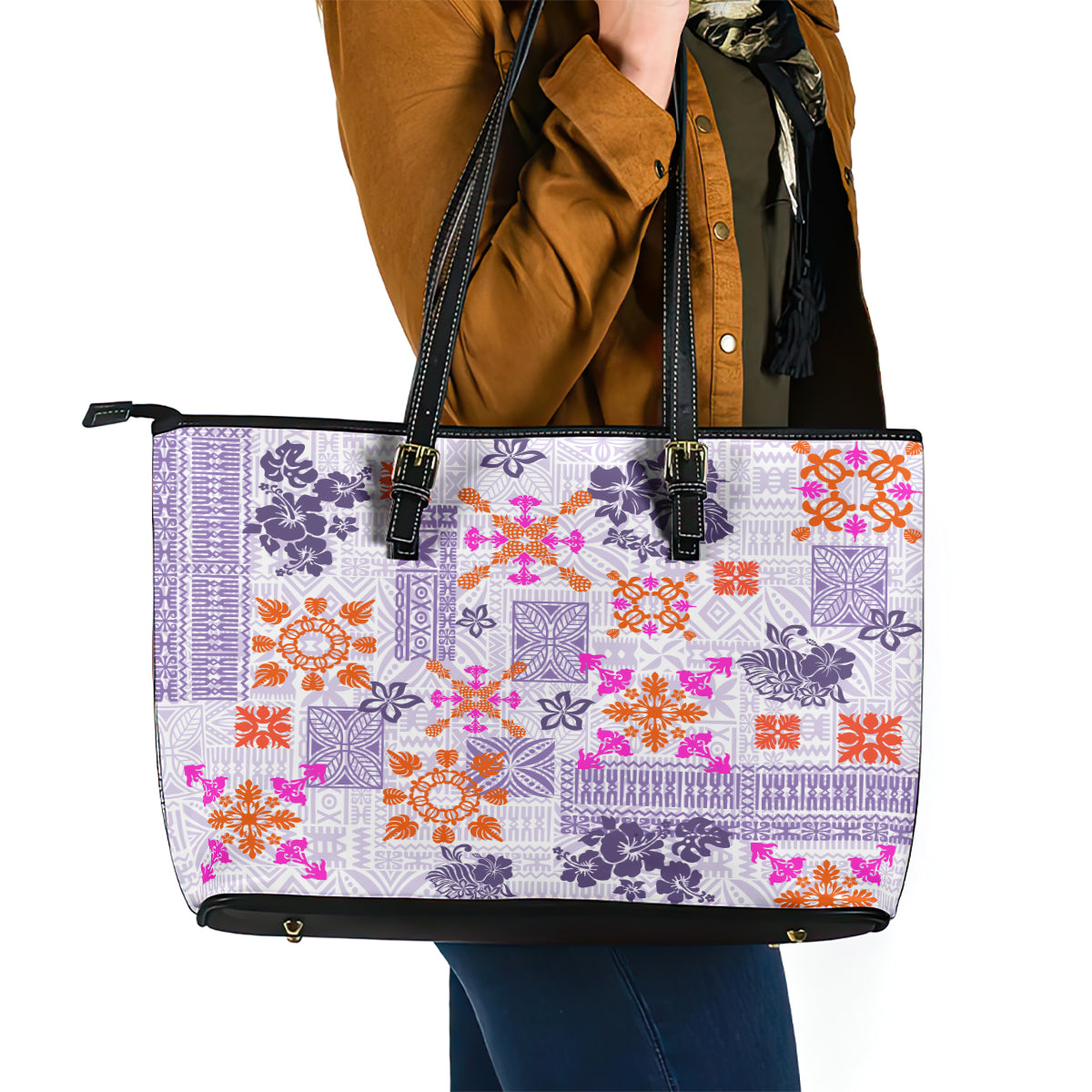 Hawaii Tapa Tribal Leather Tote Bag With Hawaiian Quilt Pattern Violet LT9