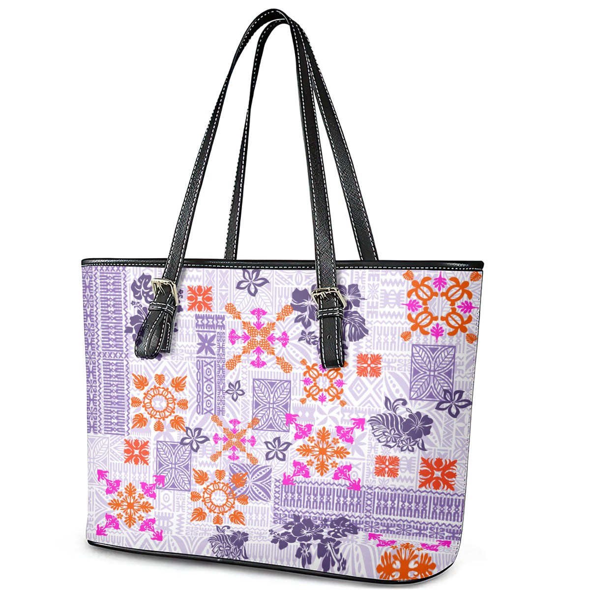 Hawaii Tapa Tribal Leather Tote Bag With Hawaiian Quilt Pattern Violet LT9