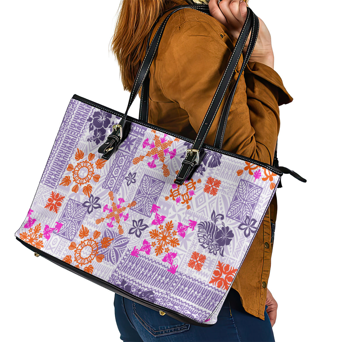 Hawaii Tapa Tribal Leather Tote Bag With Hawaiian Quilt Pattern Violet LT9
