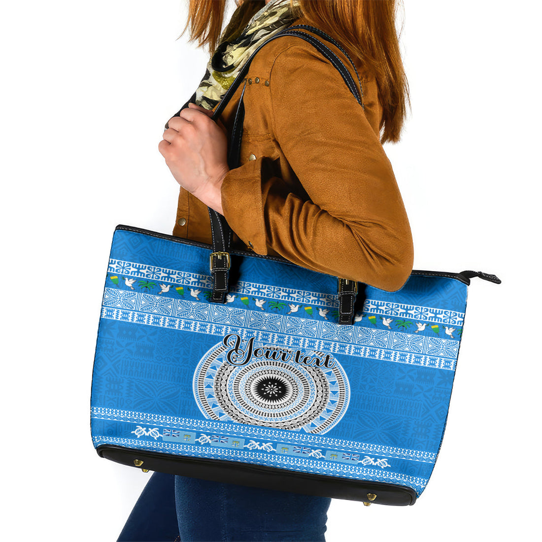 Personalised Fiji Marau Na Kerisimasi Leather Tote Bag Merry Christmas Tapa Pattern Blue Style LT9