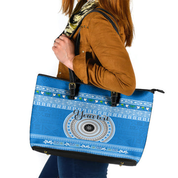 Personalised Fiji Marau Na Kerisimasi Leather Tote Bag Merry Christmas Tapa Pattern Blue Style LT9