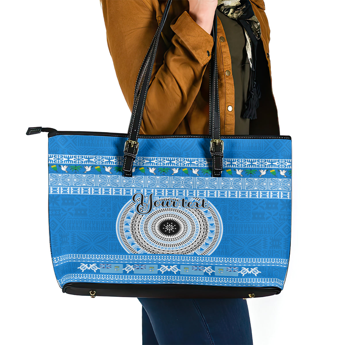 Personalised Fiji Marau Na Kerisimasi Leather Tote Bag Merry Christmas Tapa Pattern Blue Style LT9